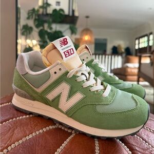 New Balance Unisex 574 Moss Green & White Suede Mesh Sneakers